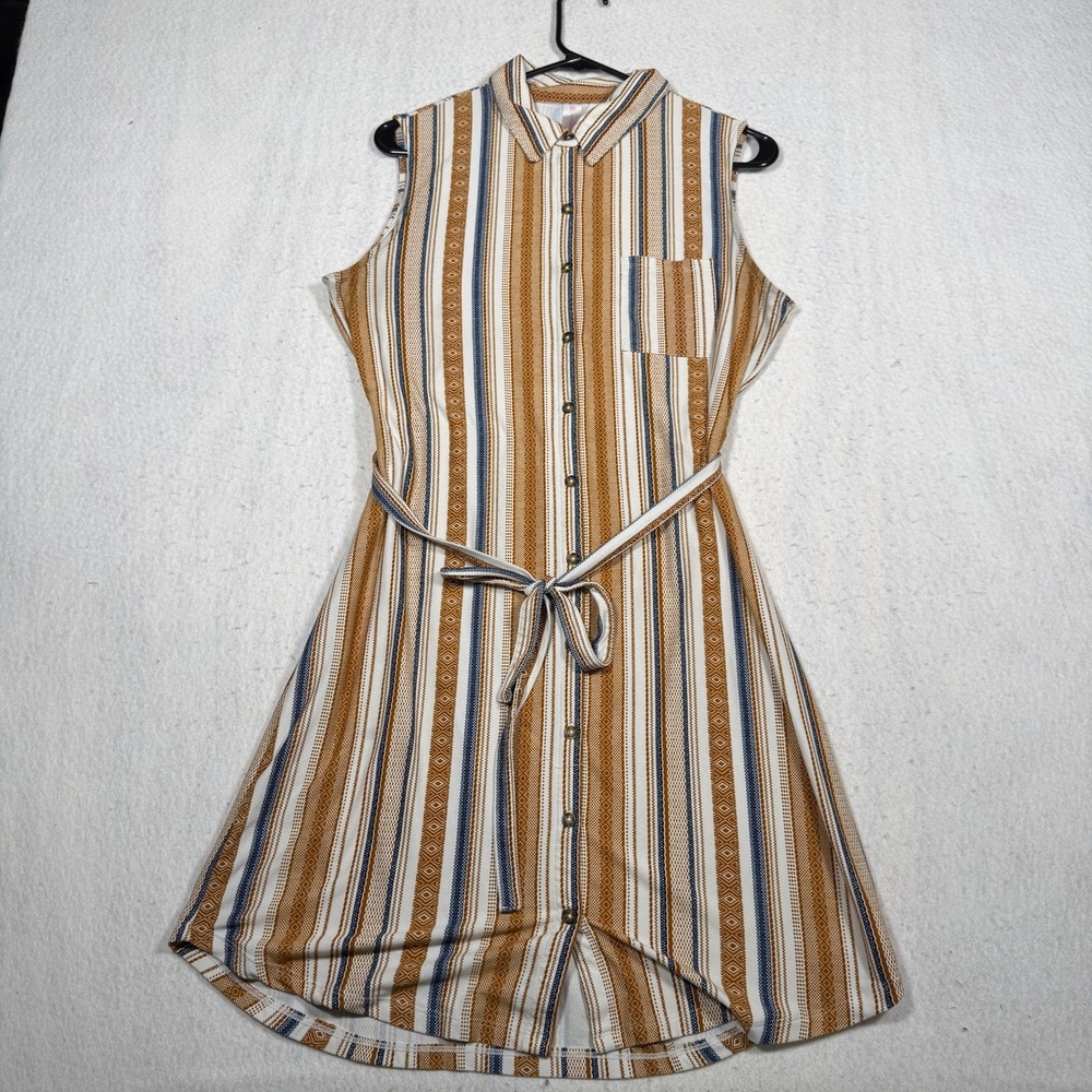 No Boundaries Womens Sleeveless Button Down Belted Shirt Dress Stripe Mustard L